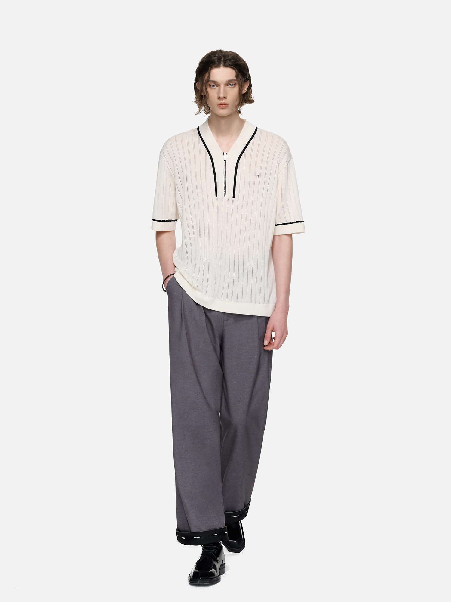 TIWILLTANG Openwork Contrast Trim Zip-Neck Knitted T Shirt-T Shirt-S-Free Shipping Leatheretro