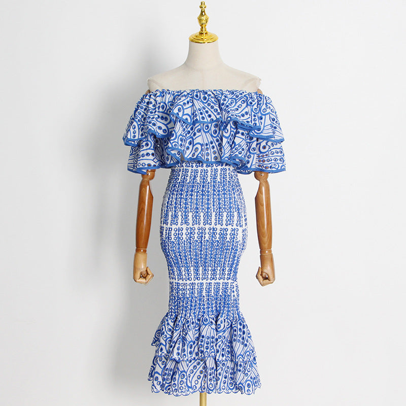 Fashion Ruffled Irregular Shirts and High Waist Mermaid Skirts Sets-Dresses-Blue-S-Free Shipping Leatheretro
