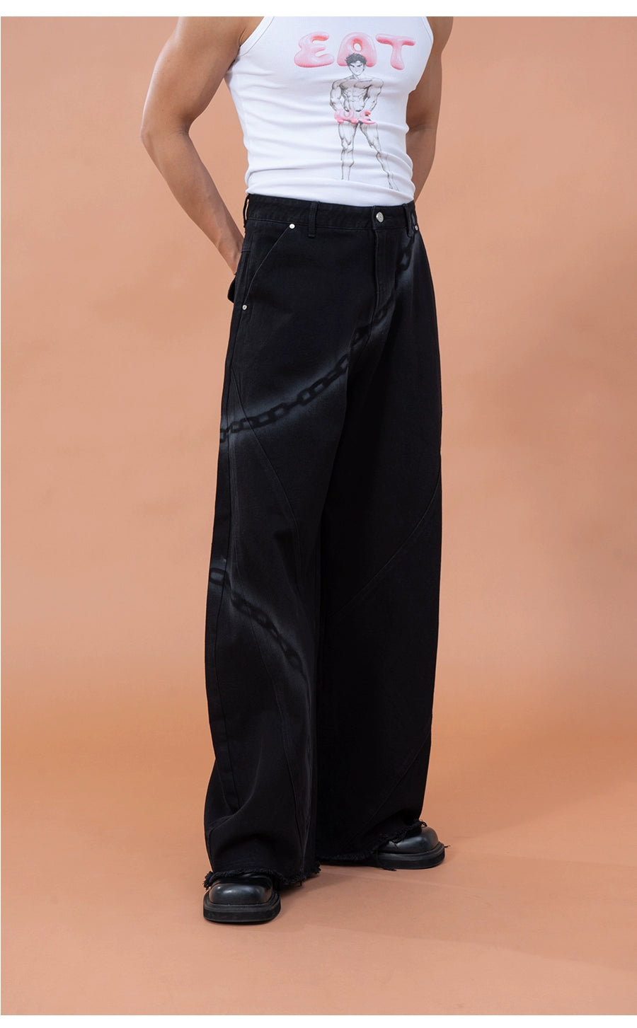 CLP Men's Black Chain Print Cargo Wide Leg Jeans-Black-S-Free Shipping Leatheretro