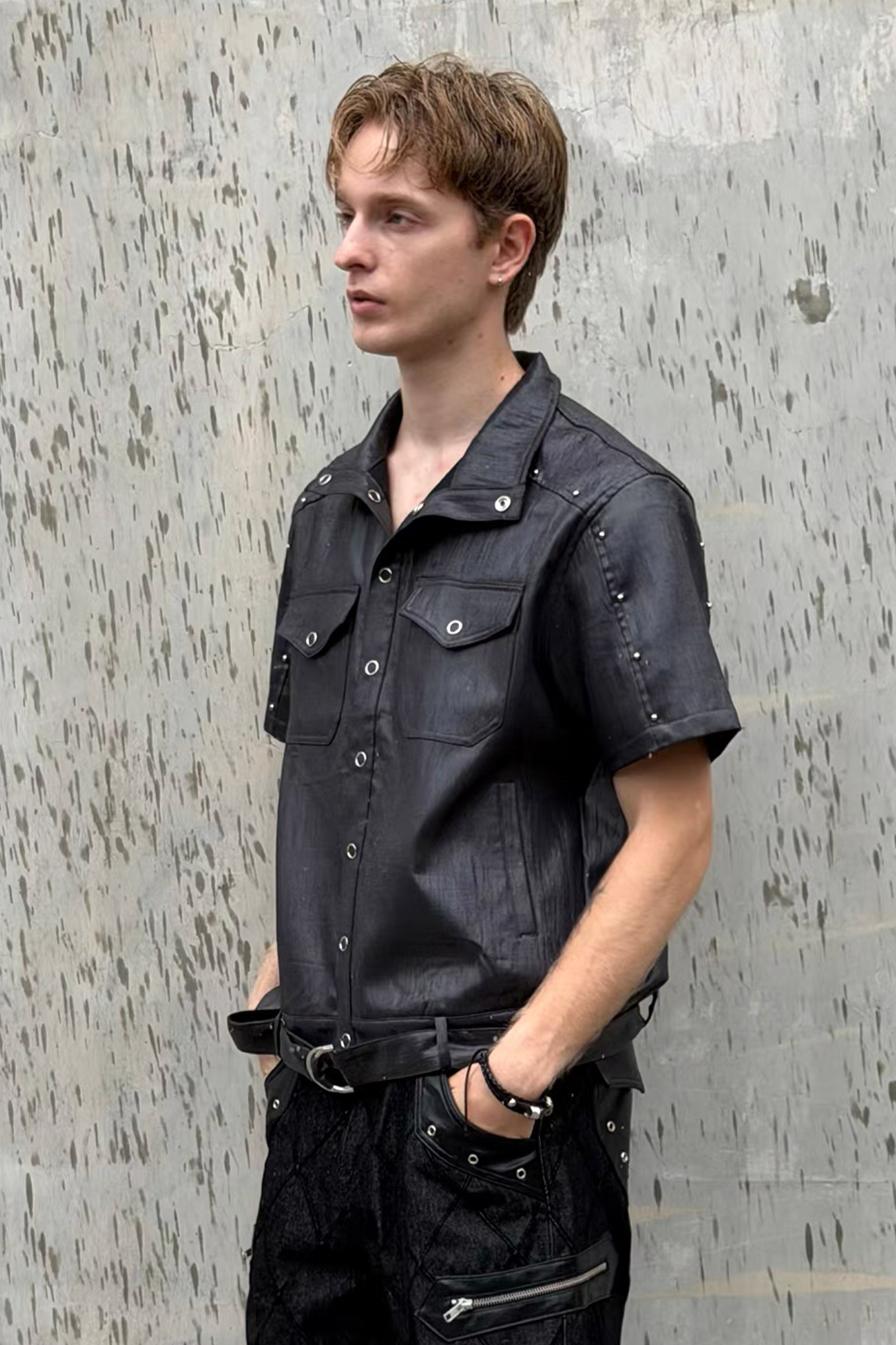 ESAIAS Studded Waxed Linen Belted Half Shirt-Half shirt-S-Free Shipping Leatheretro