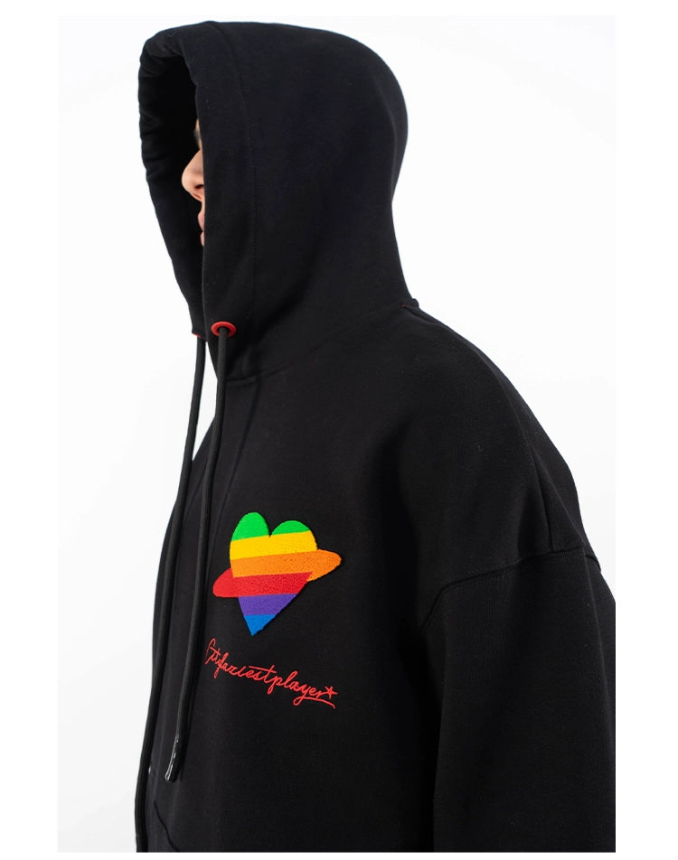 CLP Unisex Rainbow Heart Loose Fit Hoodie-Black-S-Free Shipping Leatheretro