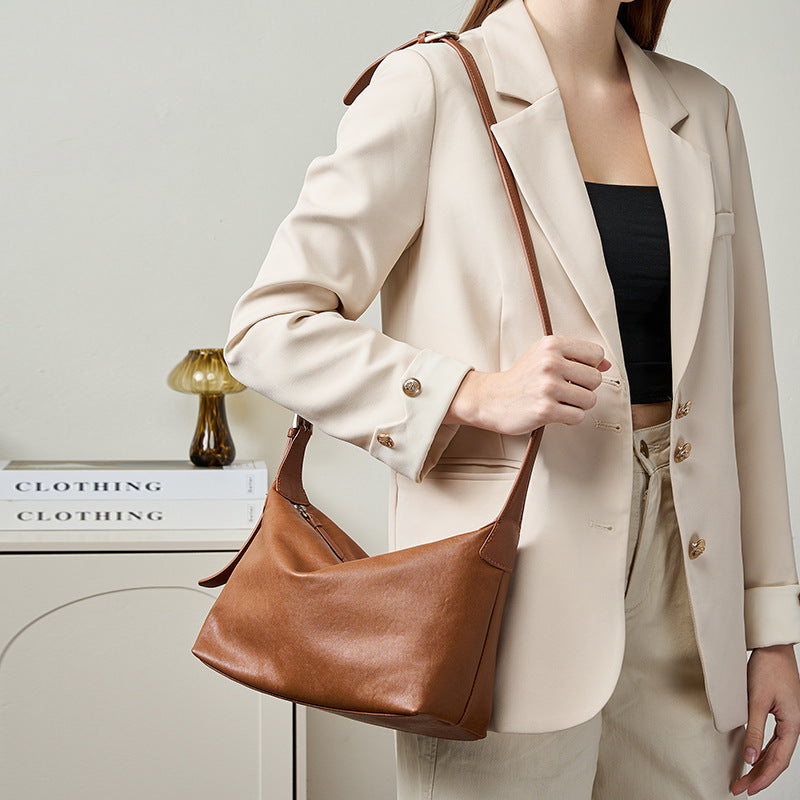 Vintage Full-Grain Vegetable-Tanned Leather Crossbody Hobo Bag-Shoulder Bags-Baroque brown-Free Shipping Leatheretro