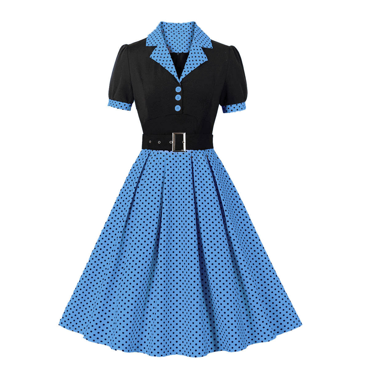 Vintage Polk Dot Short Sleeves Dresses-Dresses-Blue-S-Free Shipping Leatheretro
