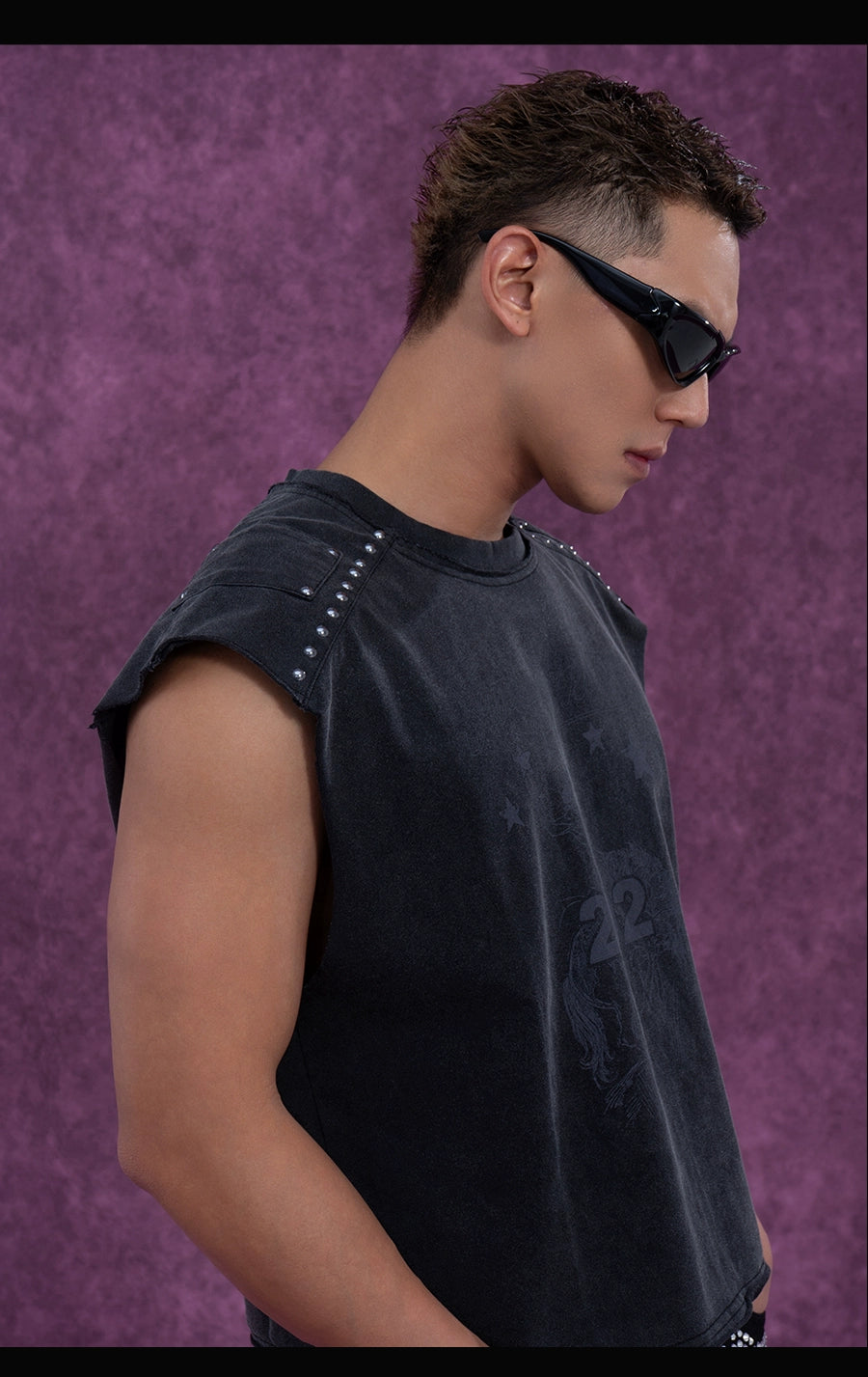 CLP Men's Grey Distressed Sleeveless Vest with Studs and Print - Streetwear Style-Gray-S-Free Shipping Leatheretro