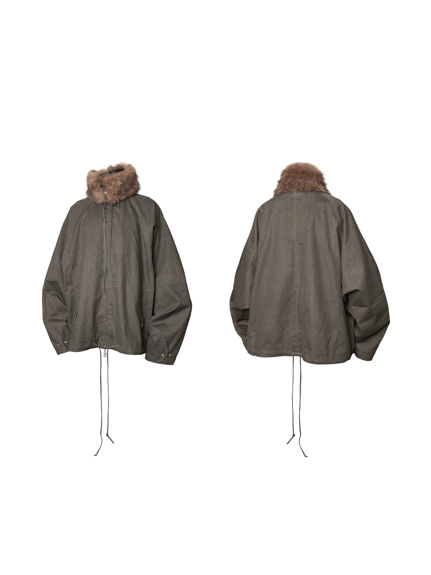 RELABEL Detachable Faux Fur Collar Two-Tone Batwing Sleeve Jacket-Brown-XS-Free Shipping Leatheretro