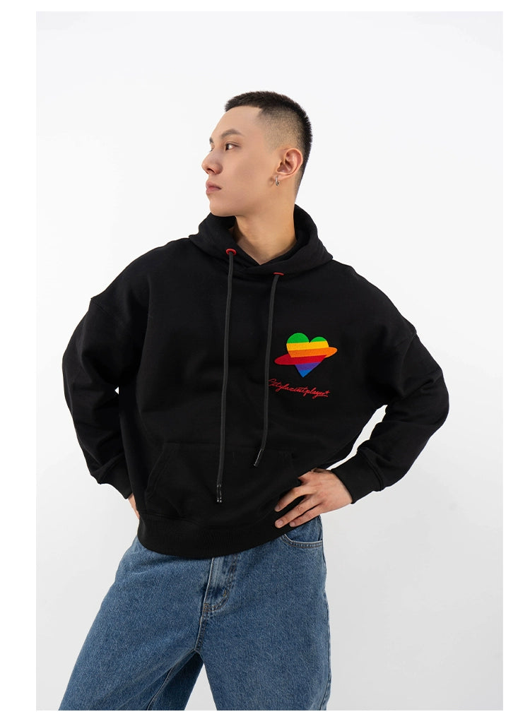 CLP Unisex Rainbow Heart Loose Fit Hoodie-Black-S-Free Shipping Leatheretro