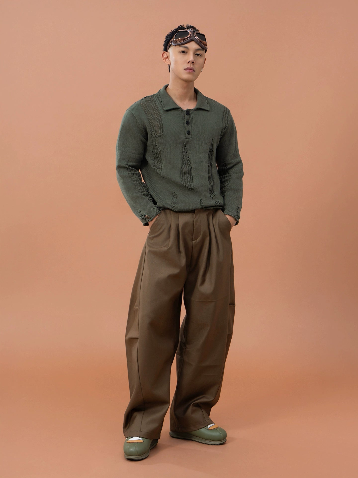 CLP Men's Distressed Knit Polo Shirt-Green-M-Free Shipping Leatheretro