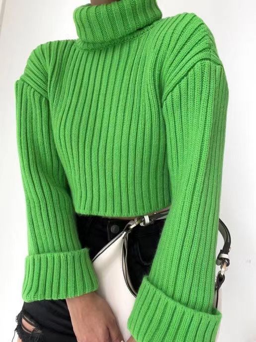 Casual High Neck Trumpet Sleeves Pullover Sweaters-Sweater&Hoodies-Green-S-Free Shipping Leatheretro