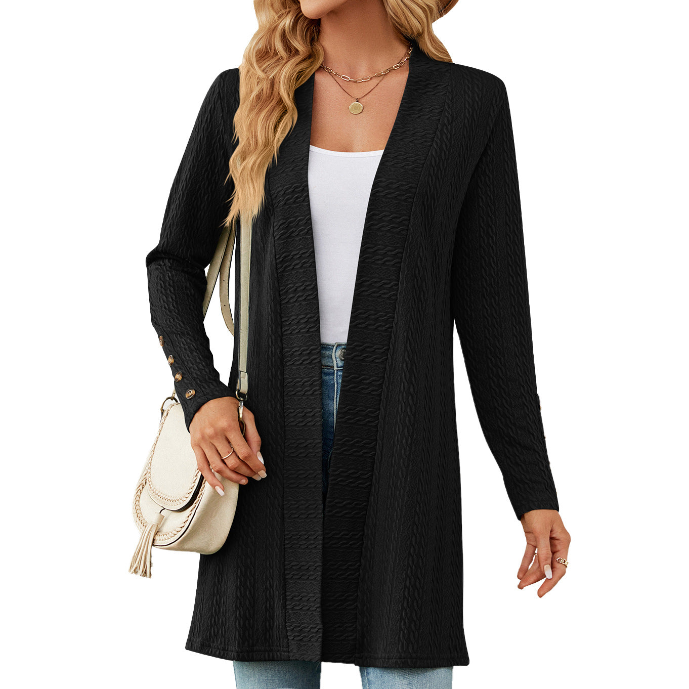 Casual Women Long Sleeves Knitted Cardigans-Sweater&Hoodies-Black-S-Free Shipping Leatheretro