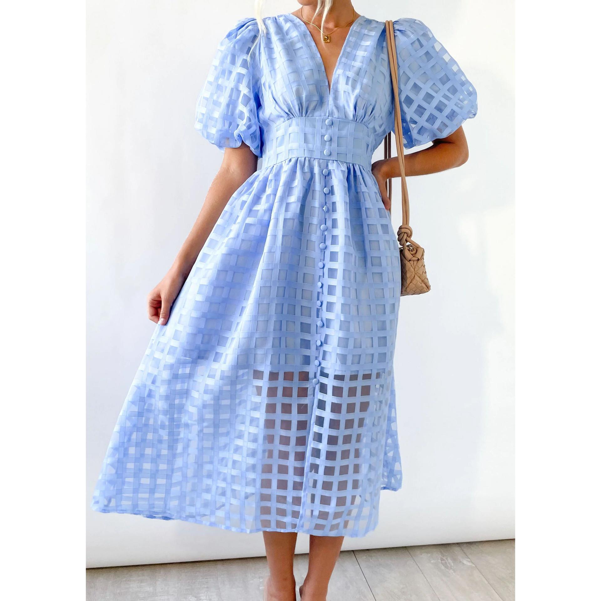 Classic Summer Hollow Design Lantern Sleeves Multi-color Women Dresses-Dresses-884 light blue-S-Free Shipping Leatheretro