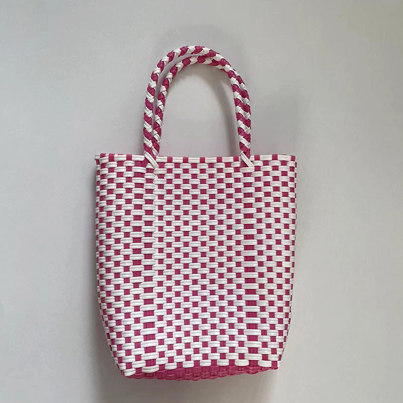 Summer PVC Handwoven Beach Bag – Colorful Boho Tote, Gift Basket & Casual Carryall-Beach Bags-Pink green-Free Shipping Leatheretro