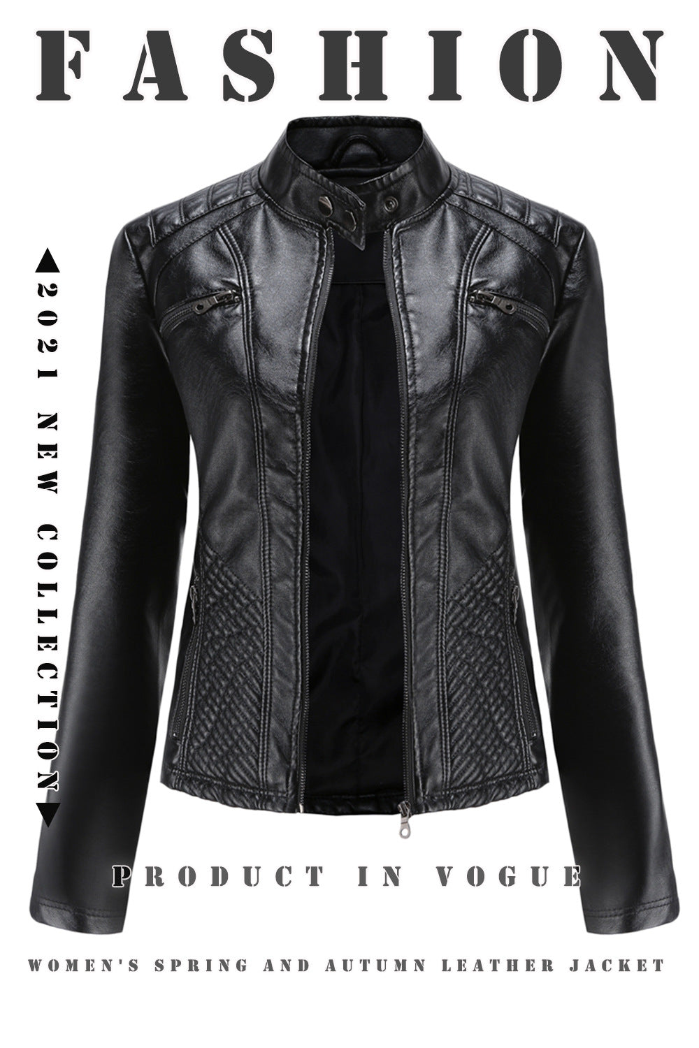 Women Casual Faux Leather Stand Collar Jacket-black-EU(XS)-Free Shipping Leatheretro
