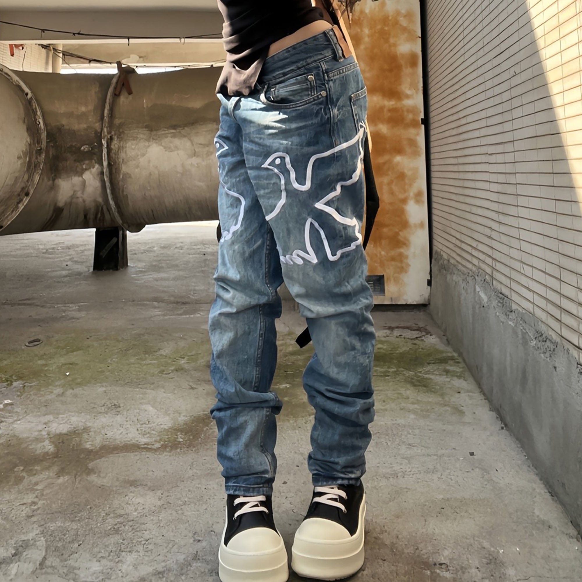 VINKID Dove Embroidered Distressed Stacked Jeans-Jeans-S-Free Shipping Leatheretro