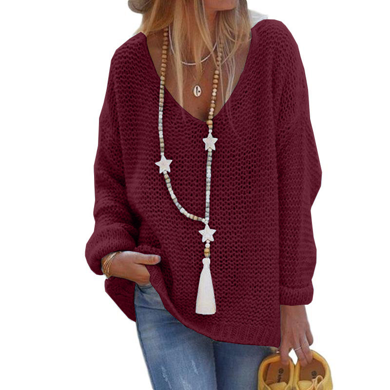 Casual V Neck Knitted Women Sweaters-Sweater&Hoodies-Wine Red-S-Free Shipping Leatheretro