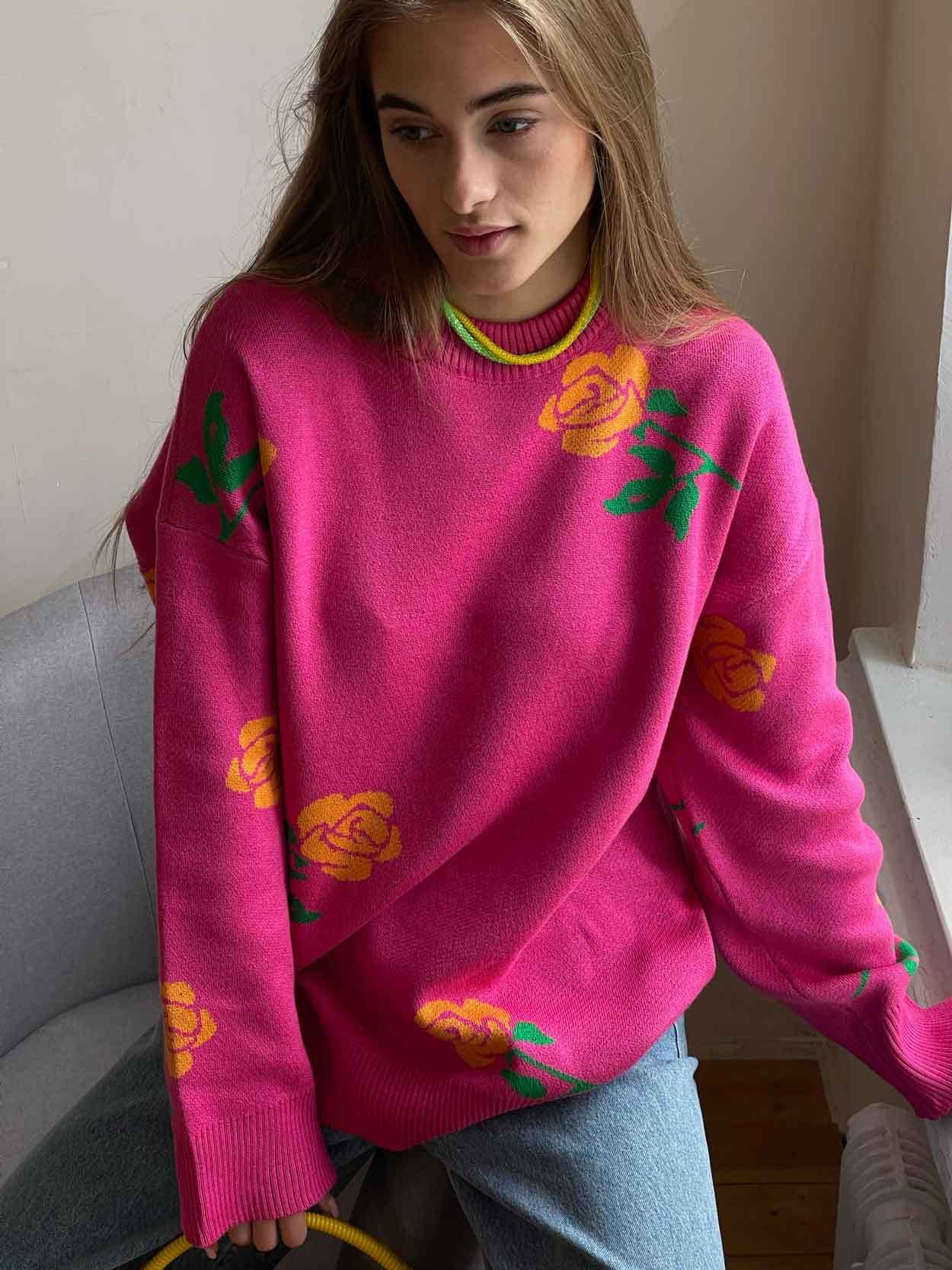 Fashion Rose Flowers Winter Knitted Women Sweaters-Sweater&Hoodies-Pink-S-Free Shipping Leatheretro