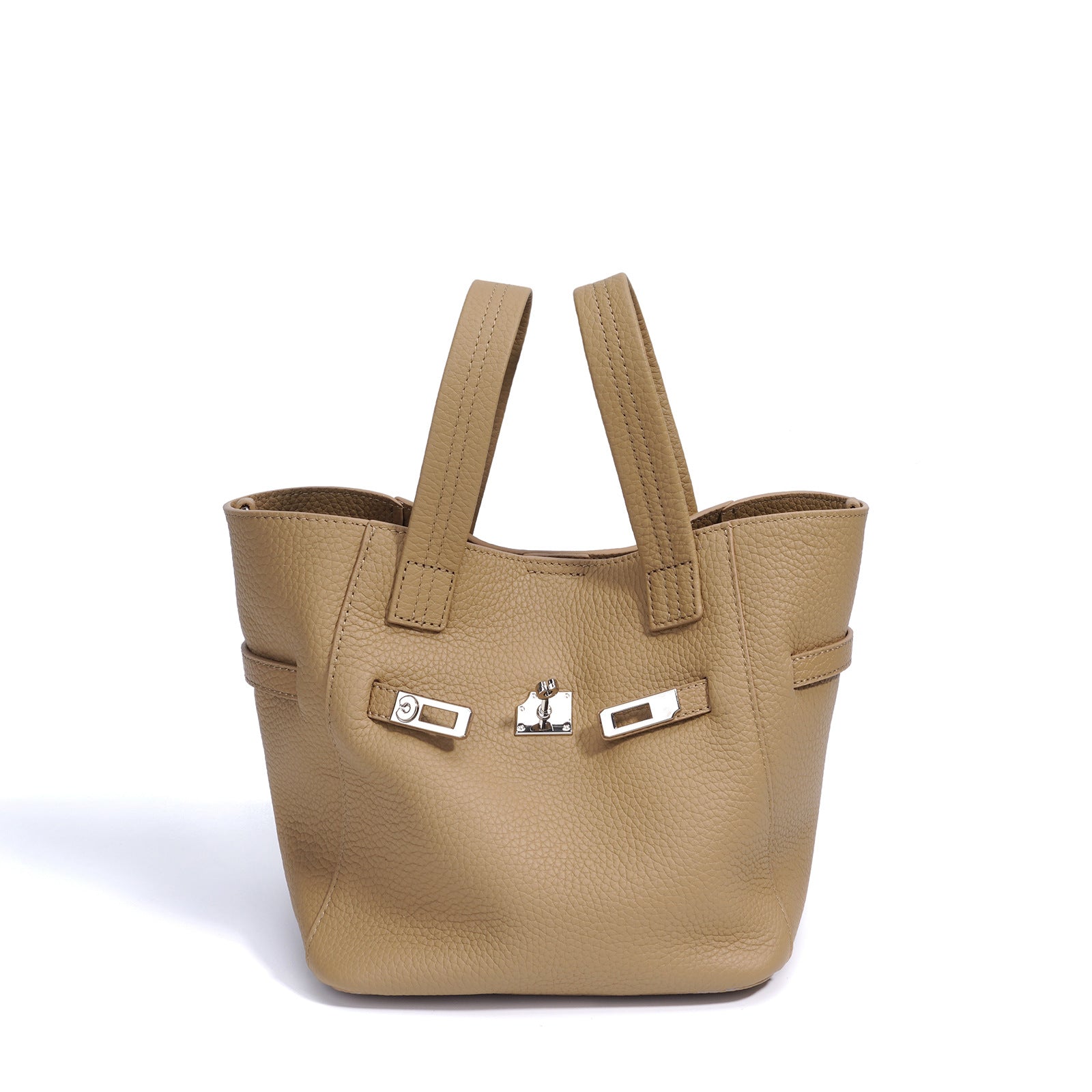 Top-Grain Leather Handbag – Stylish Basket Shoulder Bag with Lock Closure-Almond color-Free Shipping Leatheretro