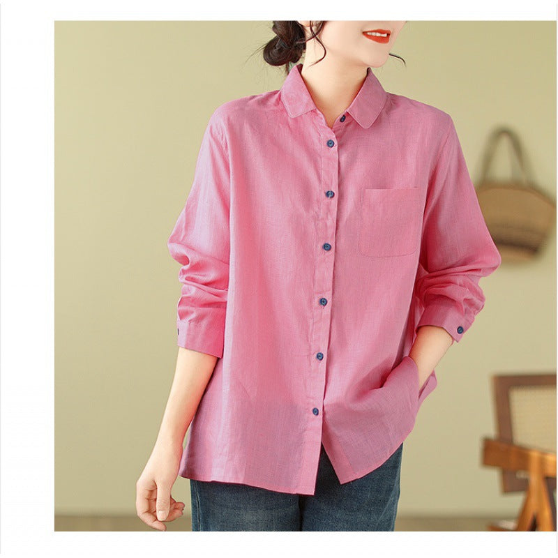 Casual Turnover Collar Linen Long Sleeves Shirts-Shirts & Tops-Pink-M-Free Shipping Leatheretro