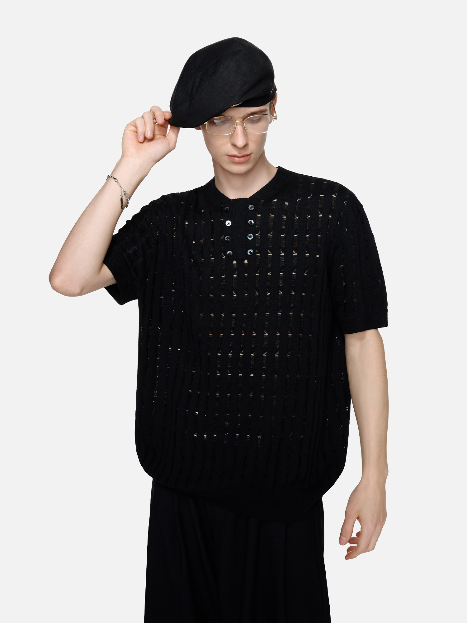 TIWILLTANG Essential Openwork Knitted T Shirt-T Shirt-S-Black-Free Shipping Leatheretro
