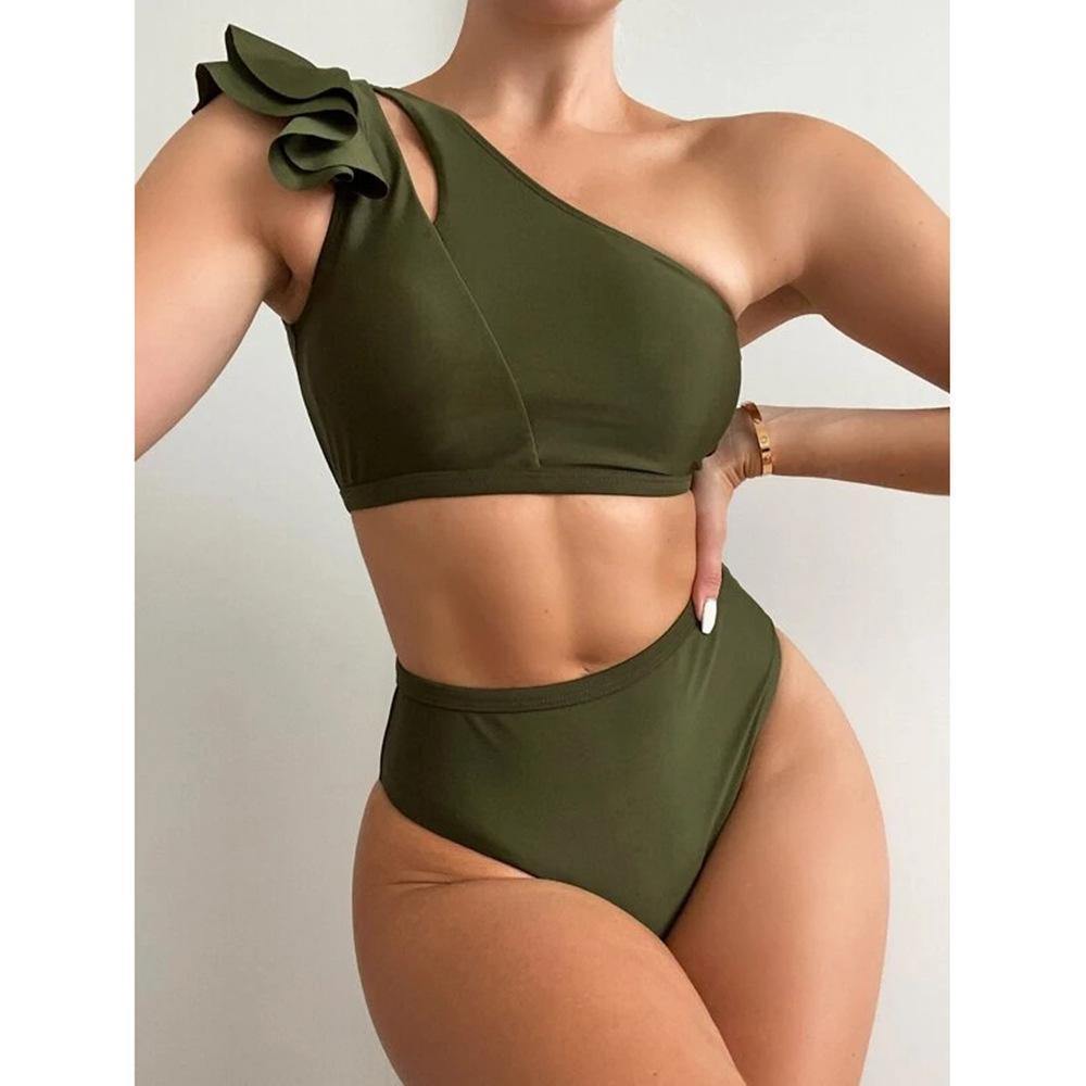 Army Green High Waist Ruffled Bikini-Women Bikini-Army Green-S-Free Shipping Leatheretro