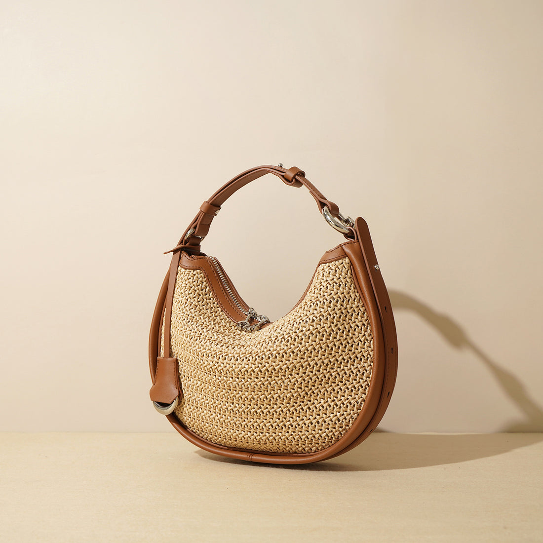 Woven Genuine Leather Crescent Bag-Handbags-White-Free Shipping Leatheretro
