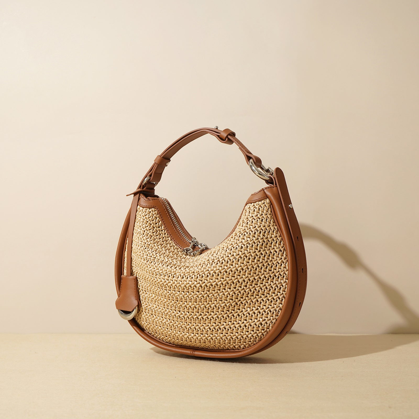 Woven Genuine Leather Crescent Bag-Handbags-White-Free Shipping Leatheretro