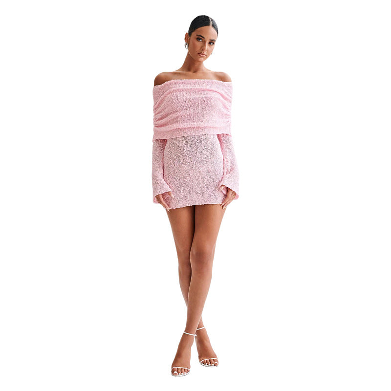 Sexy Off The Shoulder Long Sleeves Mini Dresses-Dresses-Pink-S-Free Shipping Leatheretro