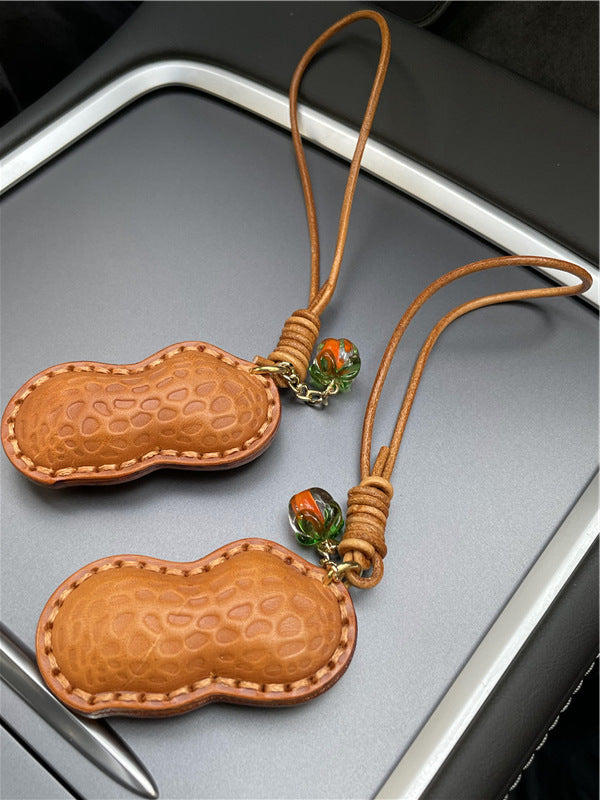 Handmade Genuine Leather Peanut Design Car Rearview Mirror Keychain-Chains-Brown-Free Shipping Leatheretro