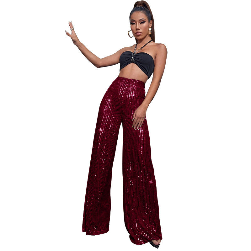 Fashion High Waist Sequin Summer Wide Legs Pants-Pants-Wine Red-S-Free Shipping Leatheretro