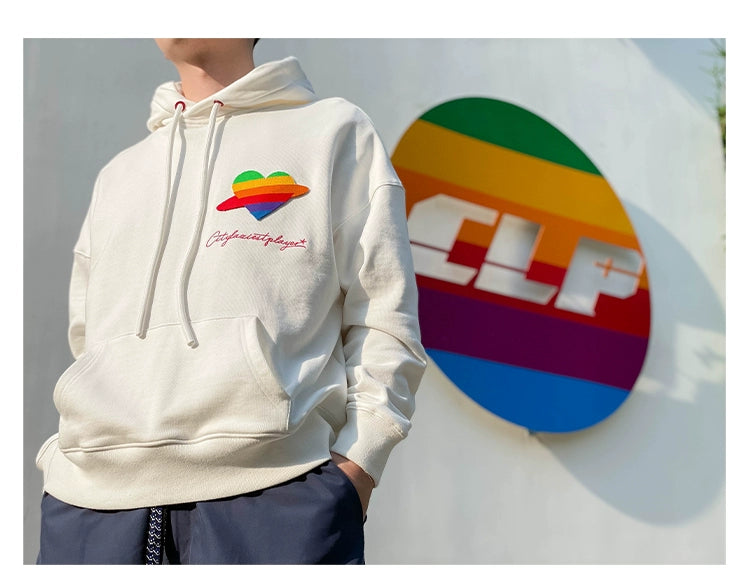 CLP Unisex Rainbow Heart Loose Fit Hoodie-Black-S-Free Shipping Leatheretro