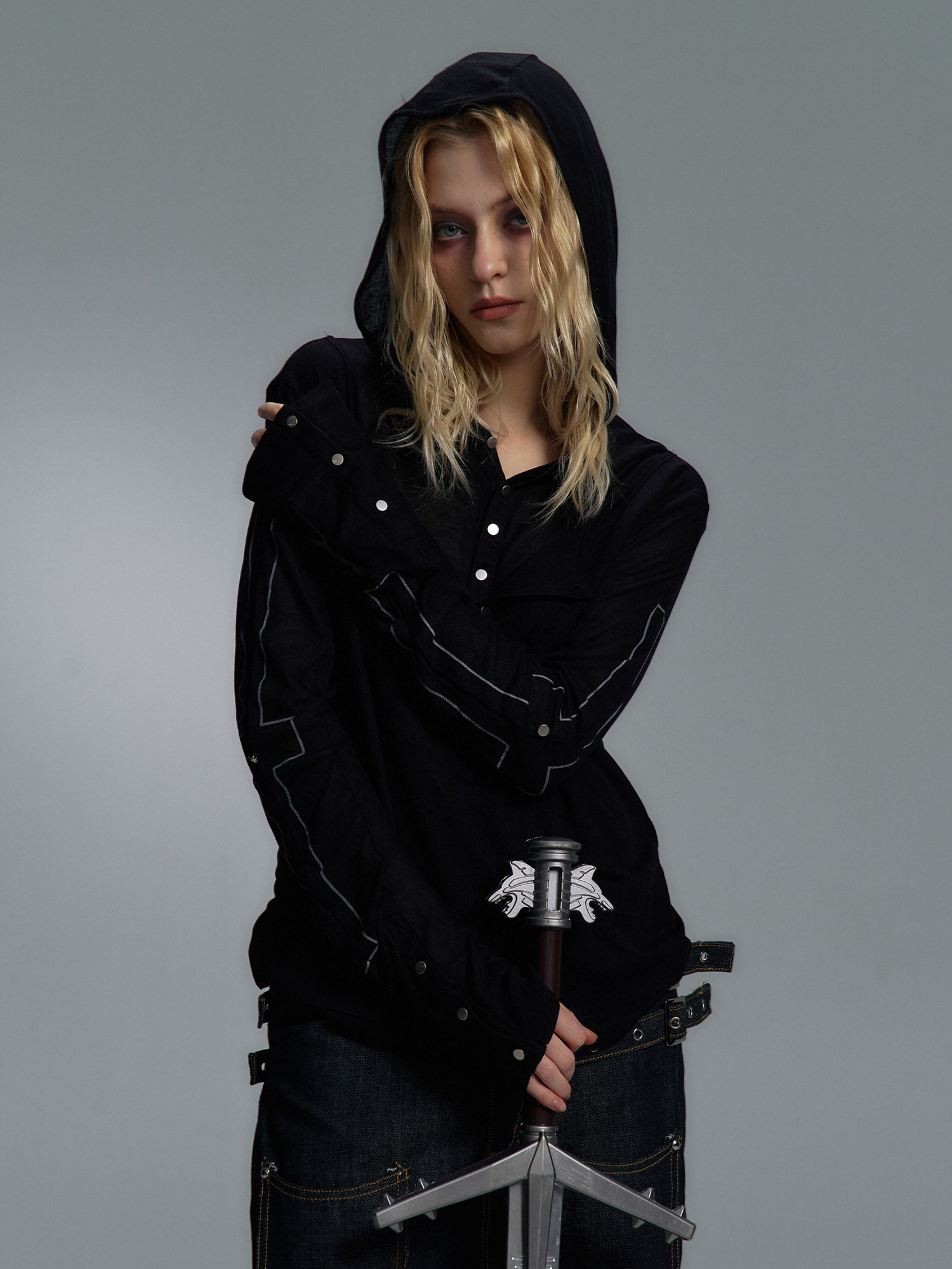 PAIKI Cross Layered Slim Hooded Long Sleeve Tee-L/S Tee-S-Black (Preorder)-Free Shipping Leatheretro