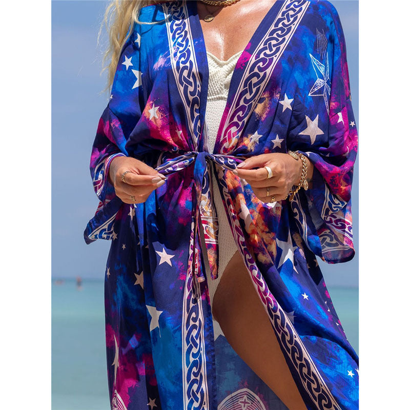 Fashion Floral Print Summer Kimono Beachwear Cover Ups-Blue Water Drop-One Size-Free Shipping Leatheretro