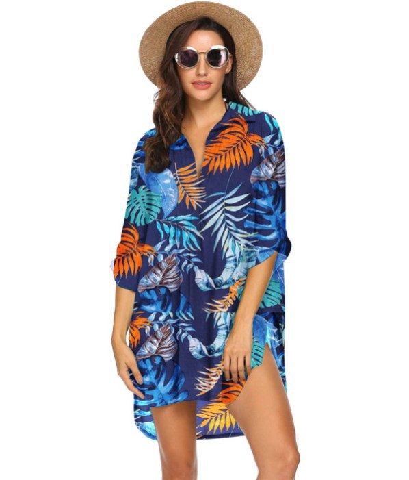 Summer Beach Chiffon Bikini Shirts-Swimwear-Blue Floral-S-Free Shipping Leatheretro