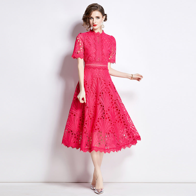 Elegant Round Neck Summer Midi Length Lace Dresses-Dresses-Red-2XL-Free Shipping Leatheretro