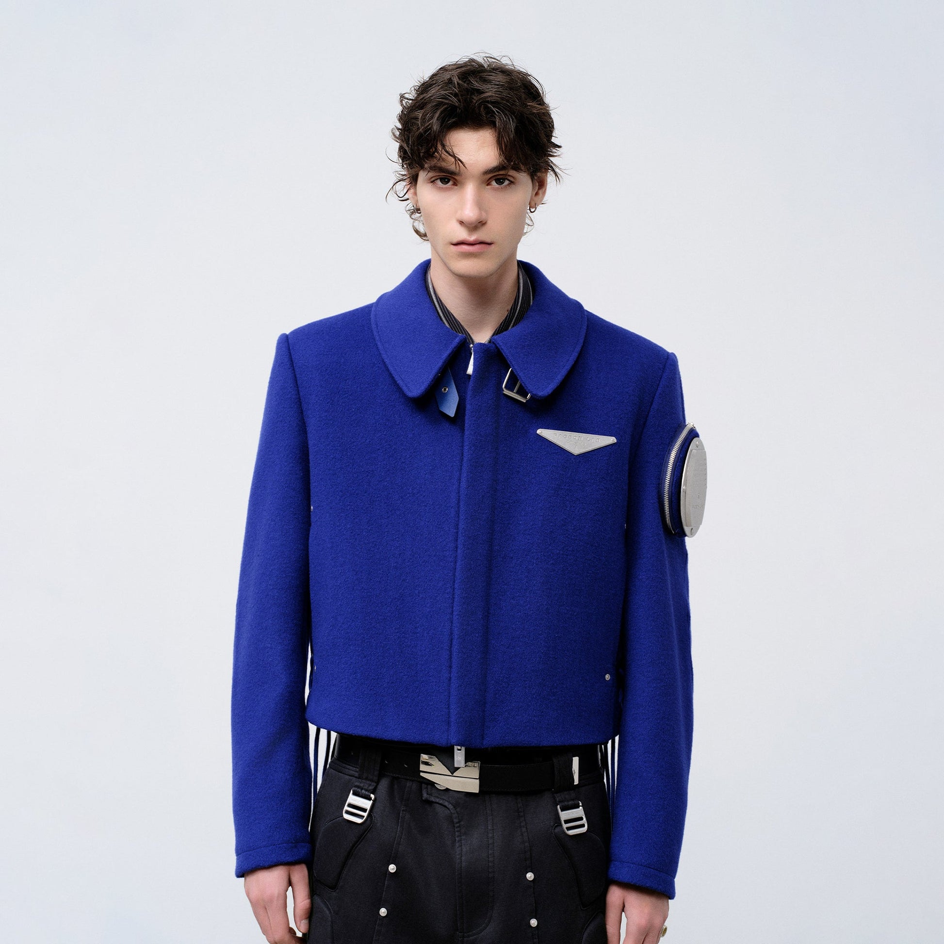 FACEONLAB Arm-Patched Cropped Naval Jacket Blue-Jacket-M (Preorder)-Free Shipping Leatheretro