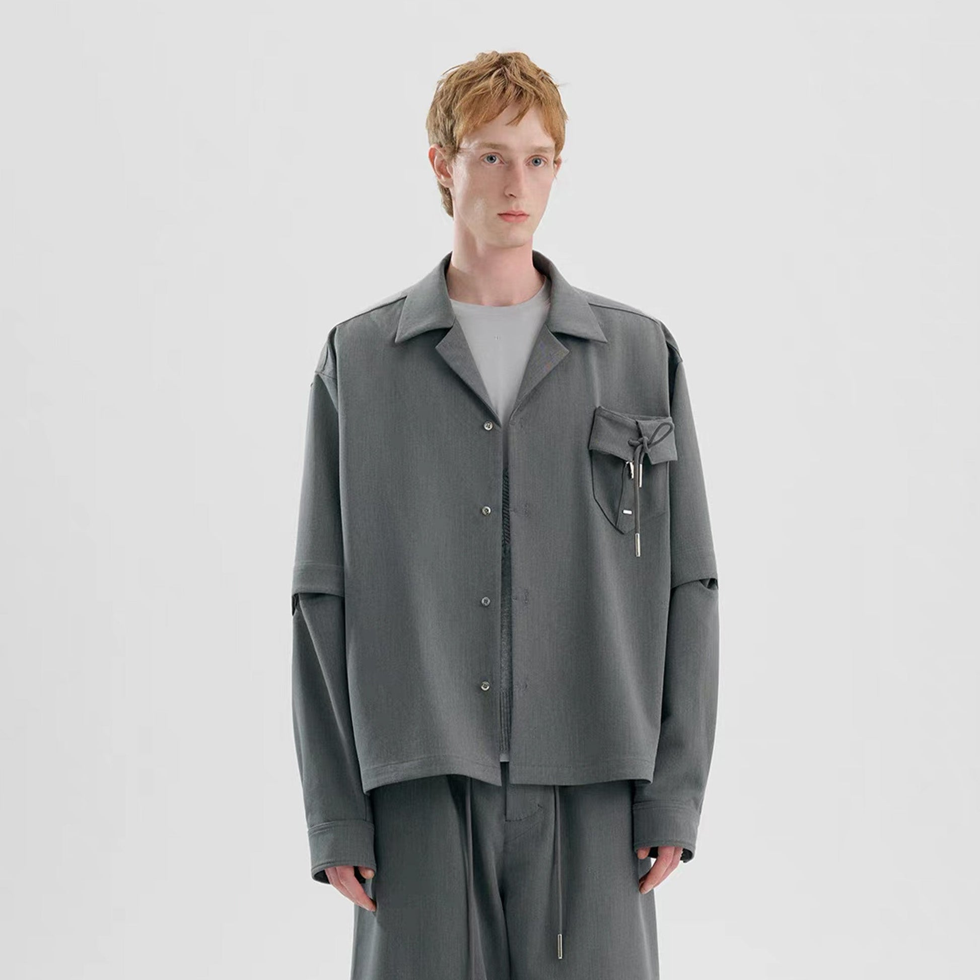 TIWILLTANG Detachable-Sleeve Tie-Pocket Shirt-Jacket-S-Black-Free Shipping Leatheretro