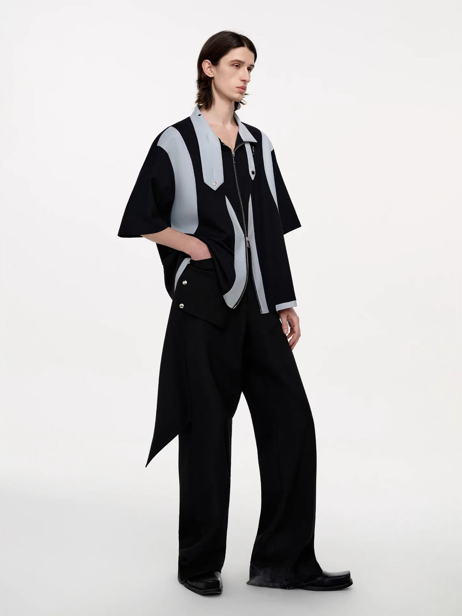 TIWILLTANG Layered-Collar Contrast-Panel Zip-Up Half Shirt-Shorts-S-Free Shipping Leatheretro