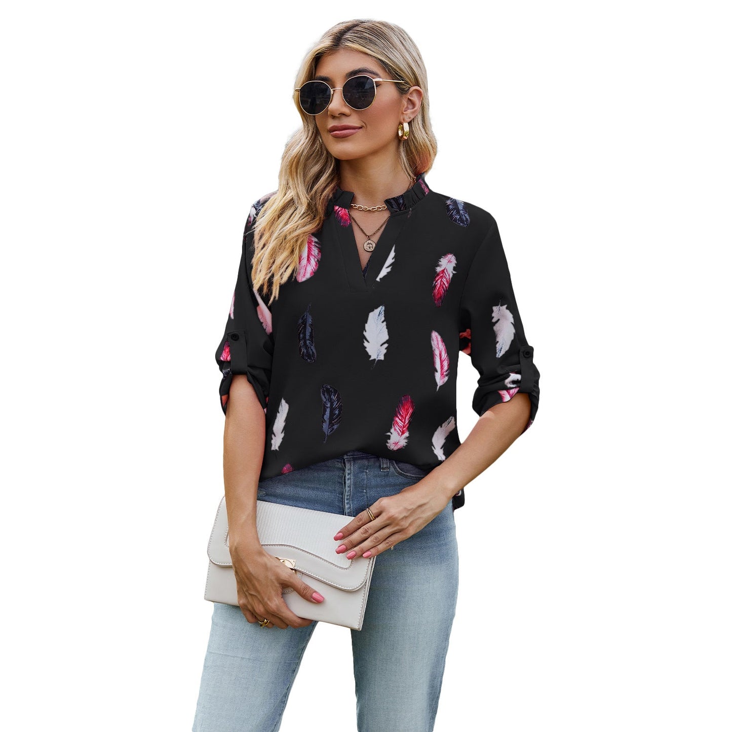 Casual Summer Feather Print 3/4 Sleeves Shirts-Shirts & Tops-Black-S-Free Shipping Leatheretro