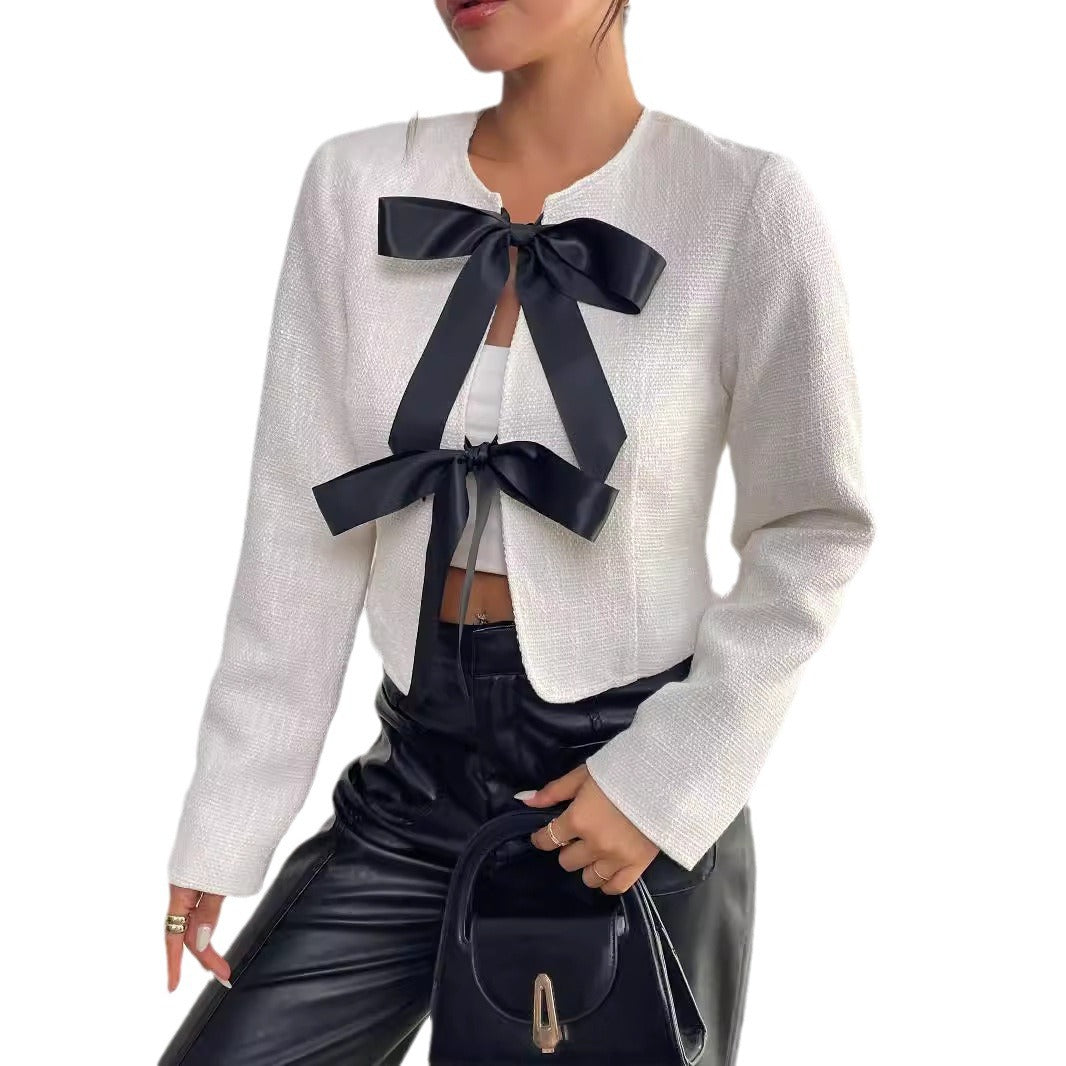 Fashion Irregular Bow Long Sleeves Blazers-Outerwear-White-S-Free Shipping Leatheretro