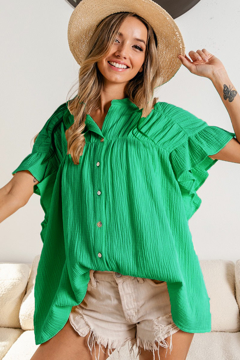 Fashion Stand Collar Ruffled Short Sleeves Shirts-Shirts & Tops-Green-S-Free Shipping Leatheretro