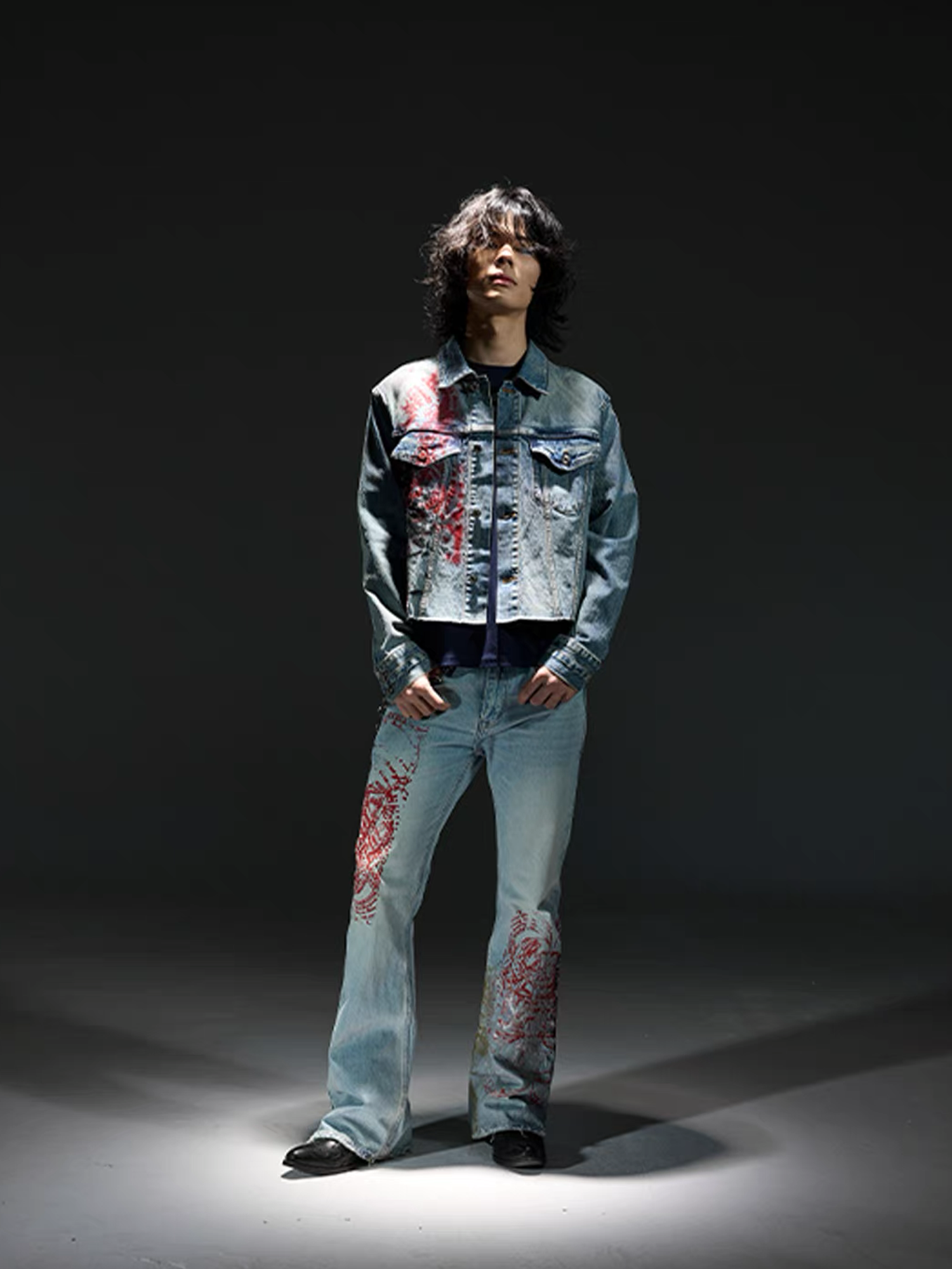 NOTHINGNESS WORLD Distressed Stamp-Print Flare Jeans-Jeans-S (Preorder)-Free Shipping Leatheretro