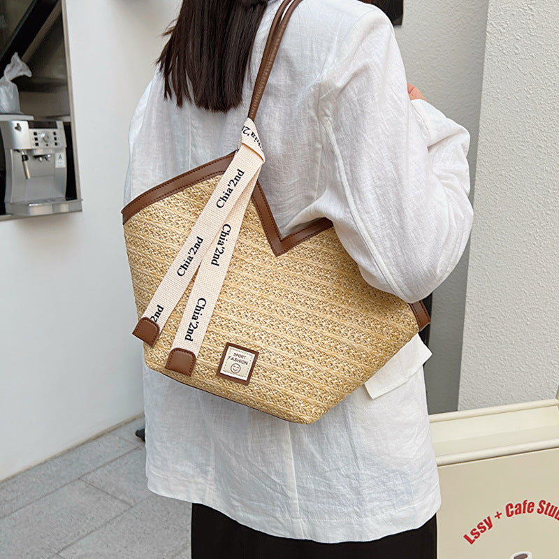Large Capacity Tote Bag – Vintage Straw Woven Handbag-White with brown.-Free Shipping Leatheretro