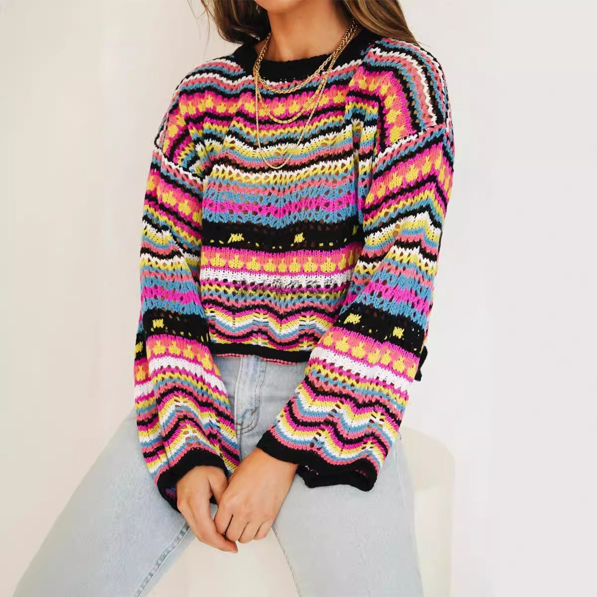 Casual Bohemian Striped Knitted Sweaters-Sweater&Hoodies-Green-S-Free Shipping Leatheretro