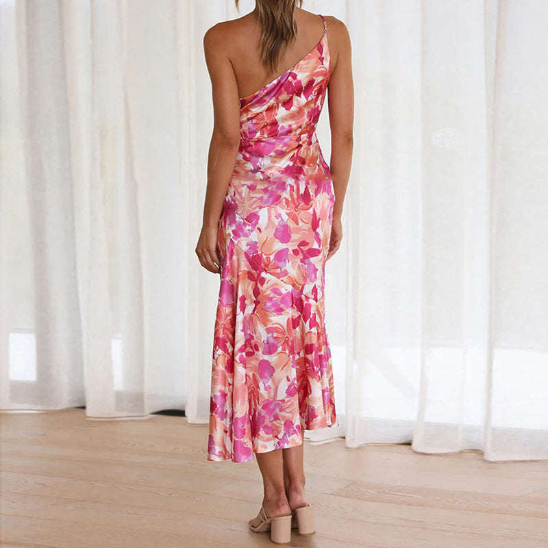 Sexy One Shoulder Pink Flowers Long Dresses-dresses-Pink Flower-S-Free Shipping Leatheretro