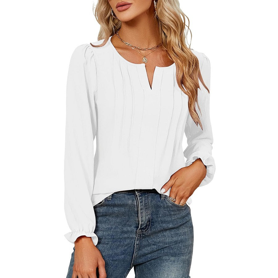 Casual Chiffon Summer V Neck Long Sleeves Blouses-Shirts & Tops-Pink-S-Free Shipping Leatheretro