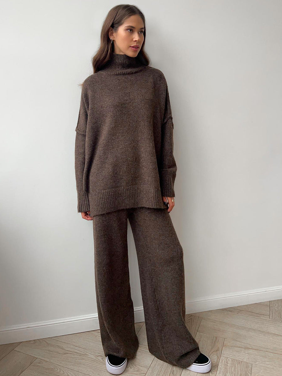 Casual High Neck Pullover Sweaters & Knitted Pants-Suits-Camel-S-Free Shipping Leatheretro