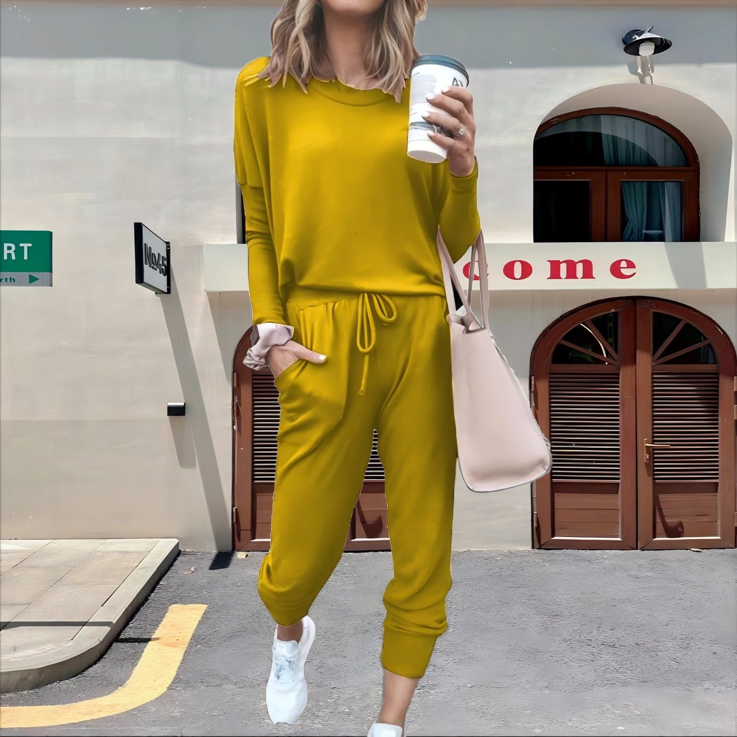 Casual Fall Long Sleeves Blouses and Pants-Suits-Yellow-S-Free Shipping Leatheretro