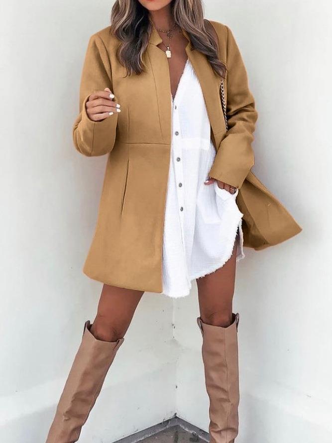 Fashion Long Sleeves Wool Overcoat with Pockets-Coats & Jackets-Khaki-S-Free Shipping Leatheretro