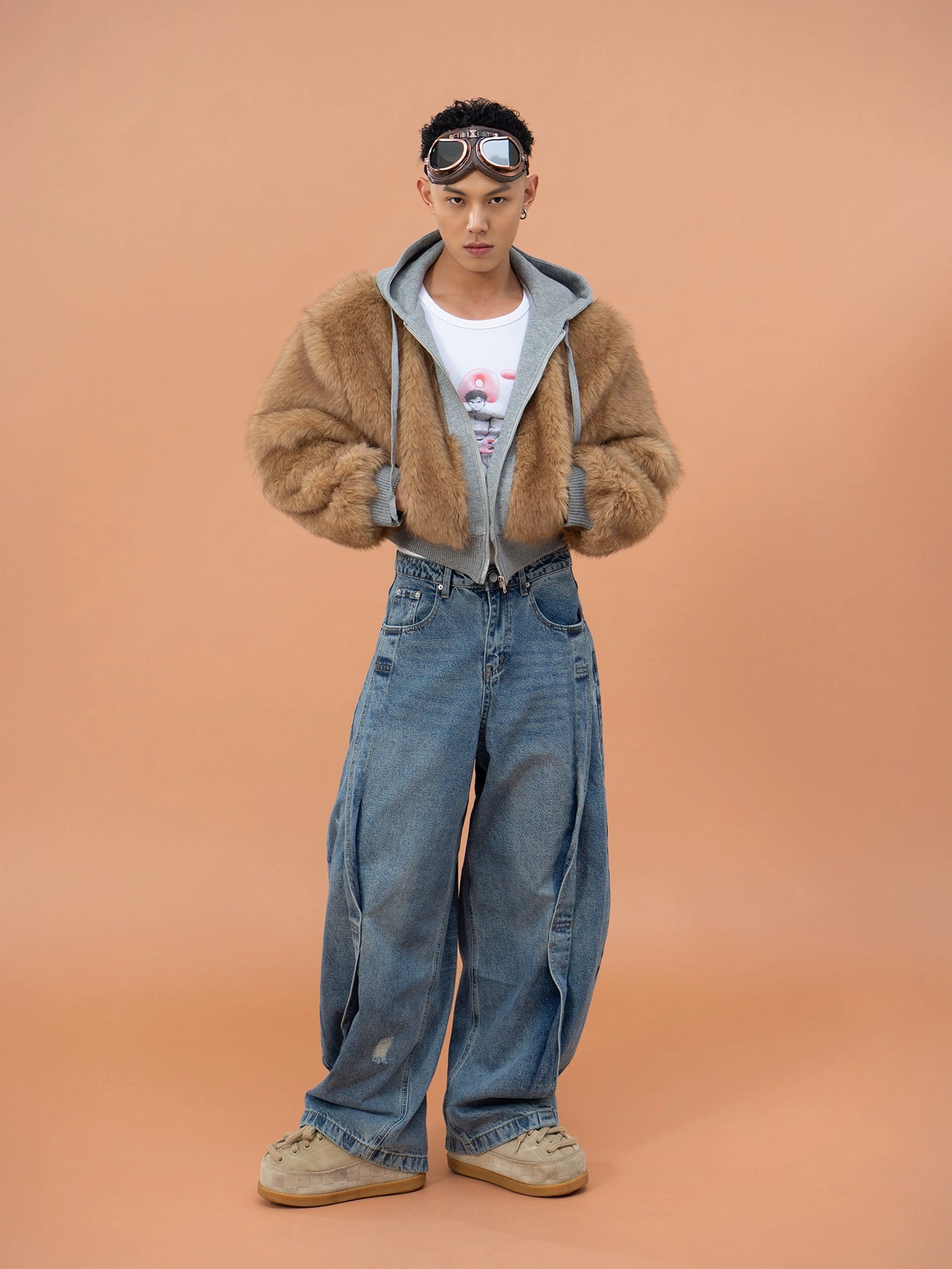 CLP Unisex Cropped Faux Fur Hoodie - Taupe Brown Zip-Up Coat-Brown-S-Free Shipping Leatheretro