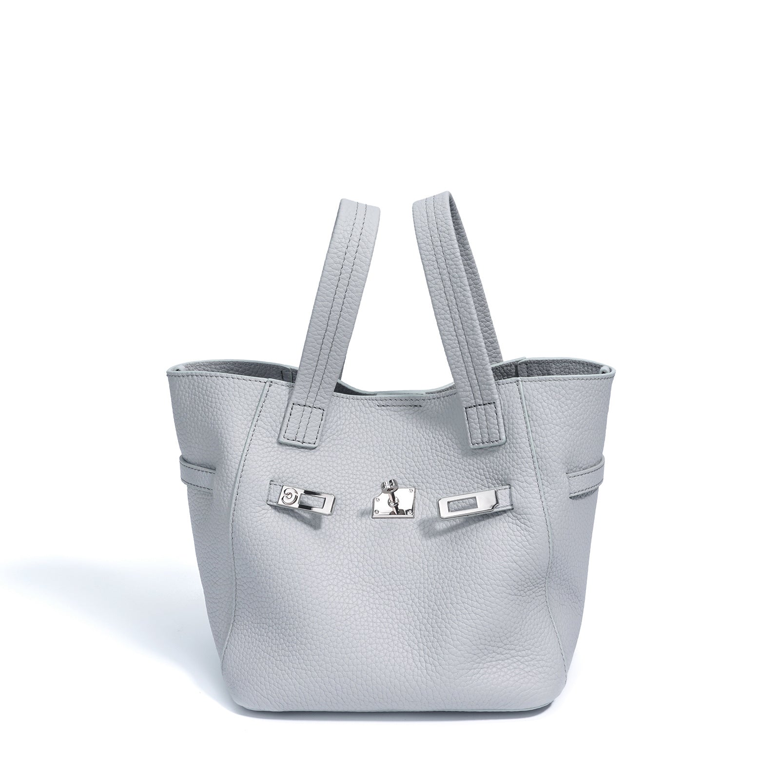 Top-Grain Leather Handbag – Stylish Basket Shoulder Bag with Lock Closure-Light gray-Free Shipping Leatheretro