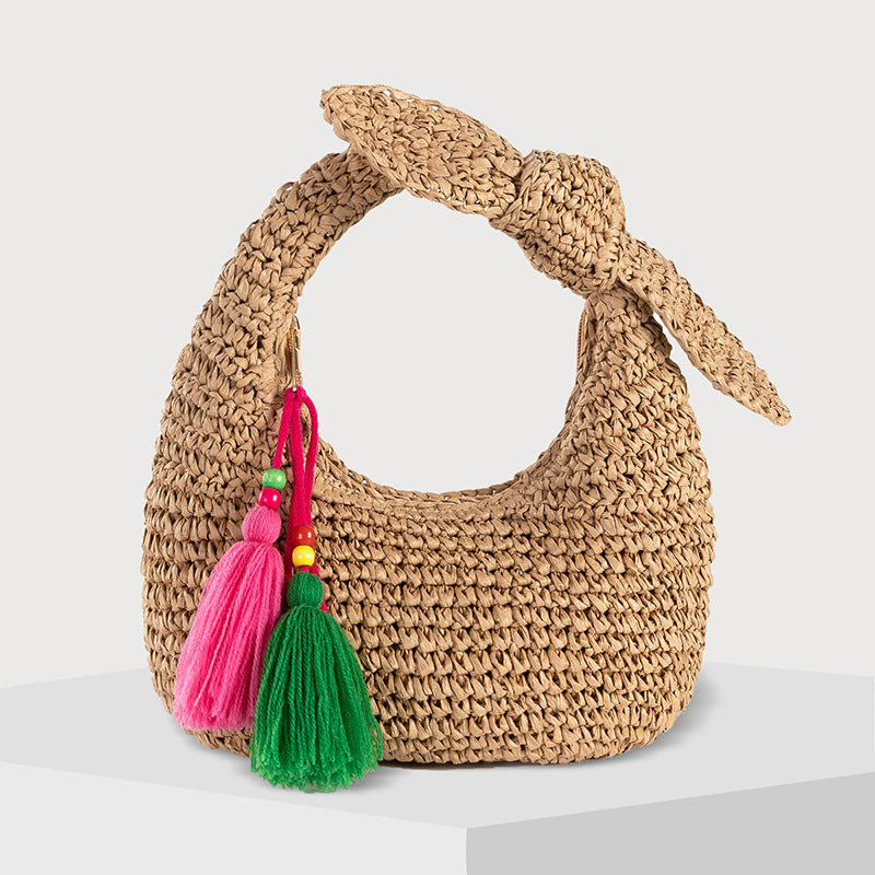 Summer Crescent Moon Handbag – Bow Detail Straw Woven Bag-Apricot - Green Tassel-25x5x15CM-Free Shipping Leatheretro